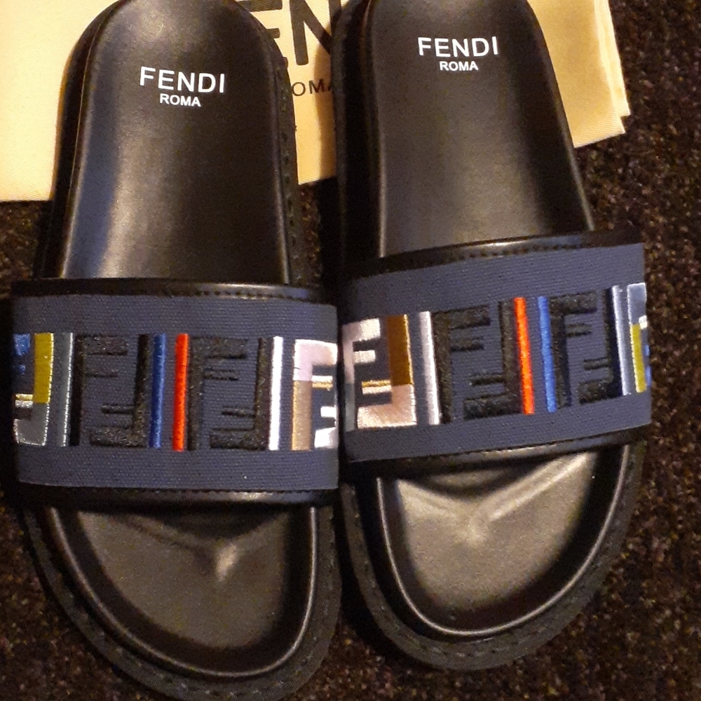 Fendi Black Slides with Multicolor FF Embroidered Strap